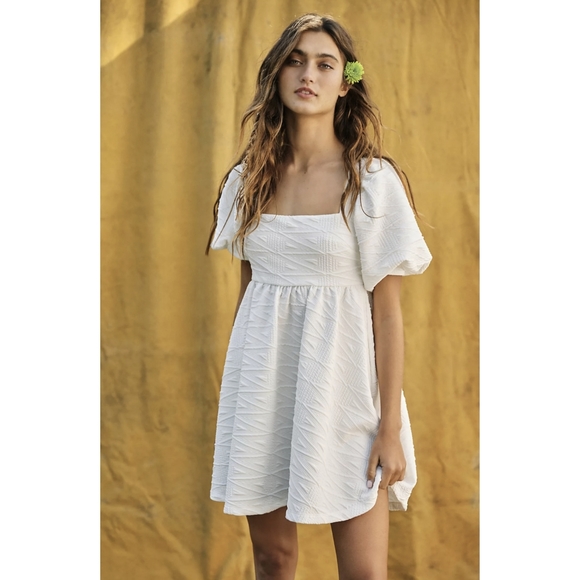 Free People White Babydoll Mini Dress Violet Square Neck Short Puff Sleeves - Picture 14 of 15